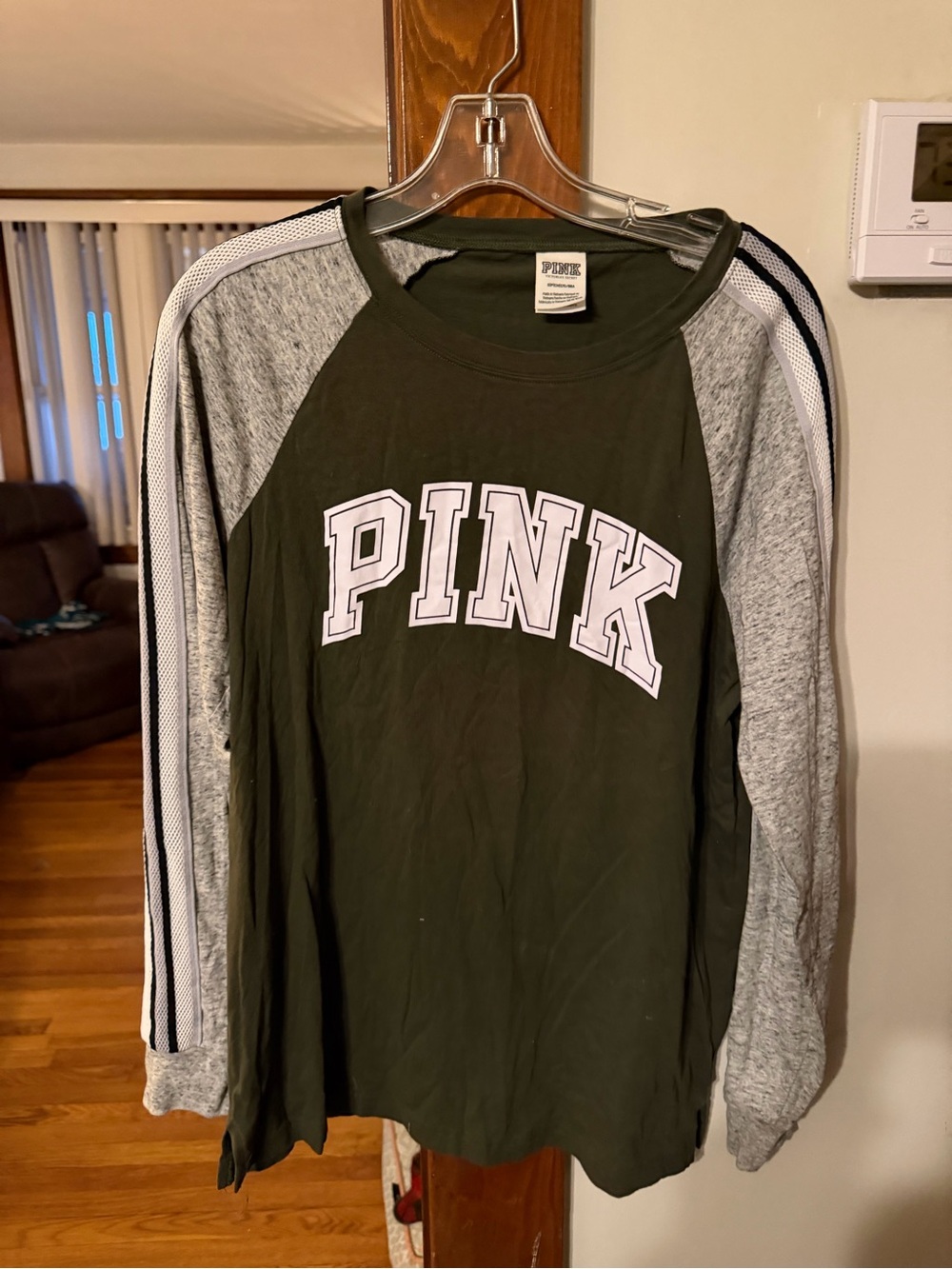 PINK Victoria's Secret Olive Green Raglan Long Sleeve Top with Gray Sleeves